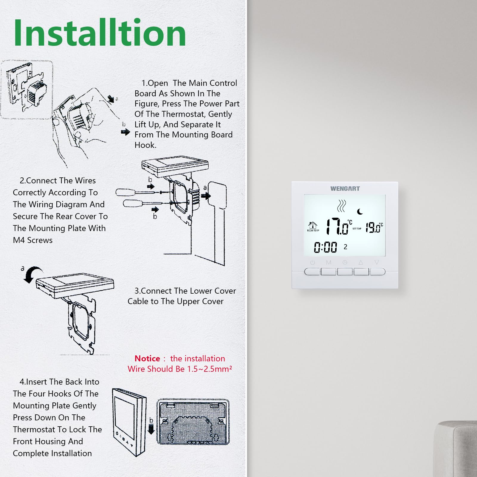 Wengart Thermostat Programmable WG02B04 - Spécifique Chauffage au Sol Hydraulique (3A) - Grand Écran avec Touches Physiques - AC 230V - Compatible Boîtier Rond Standard 60mm - Blanc