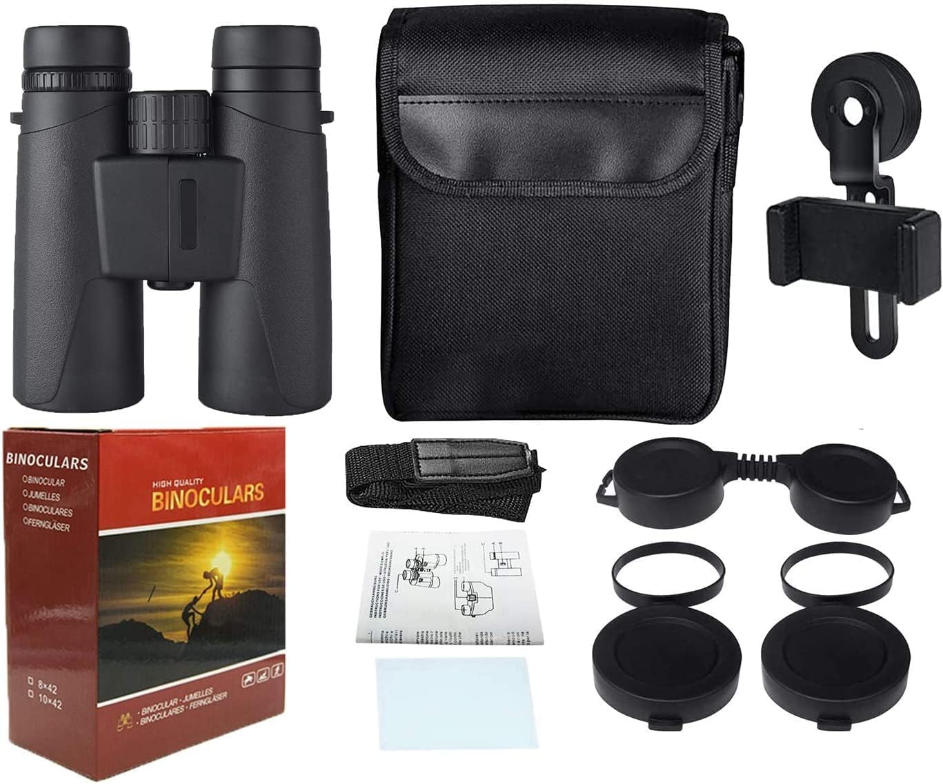 10X42 Professional Binoculars with Smartphone Adapter, Compact Waterproof Low Night Vision Binoculars for Adult Birds Watching Hunting Concert Travel