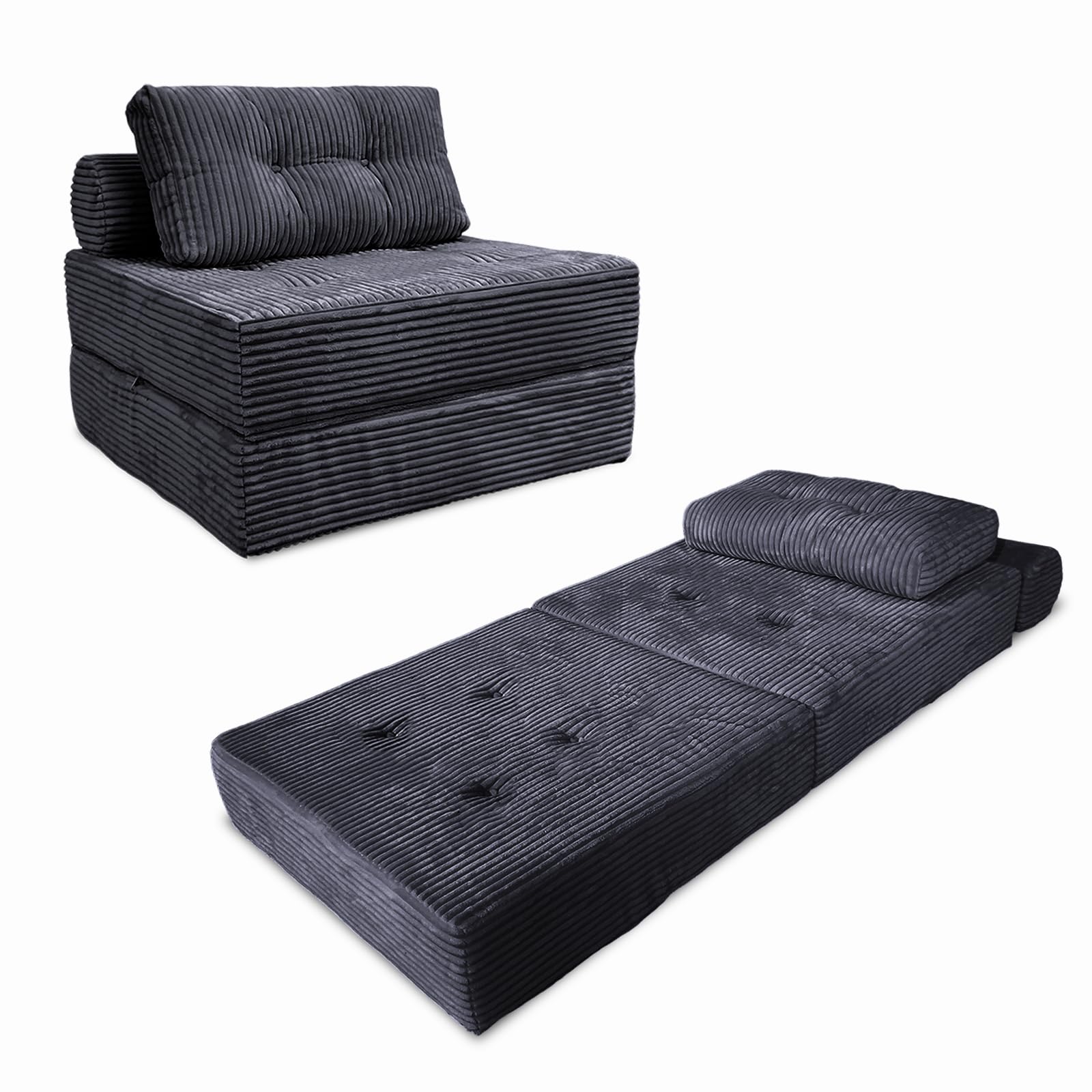 Nigoone Folding Sofa Bed Futon, Supportive Sleeper Chair with Pillow, Comfy Corduroy Floor Couch, Versatile Convertible Mattress for Bedroom/Living Room/Guest/Office, Dark Grey