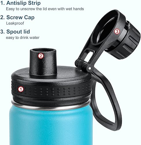 Miniatura 6 de Koodee Botella de agua para niños, de 16 onzas, acero inoxidable, con aislamiento al vacío, con tapa de boquilla a prueba de fugas, color azul cielo.