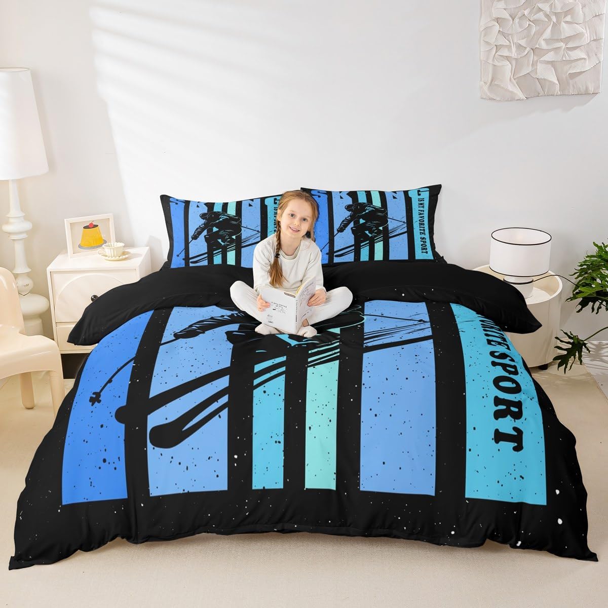 Skiing Duvet Cover Set Queen Size,Boys Men Ski Sport Bedding Sets for Kids Boys Men Teens Room Decor,Kids Adults Outdoor Sport Comforter Cover,Winter Extreme Sports Duvet Set 3 pcs,2 Pillowcases