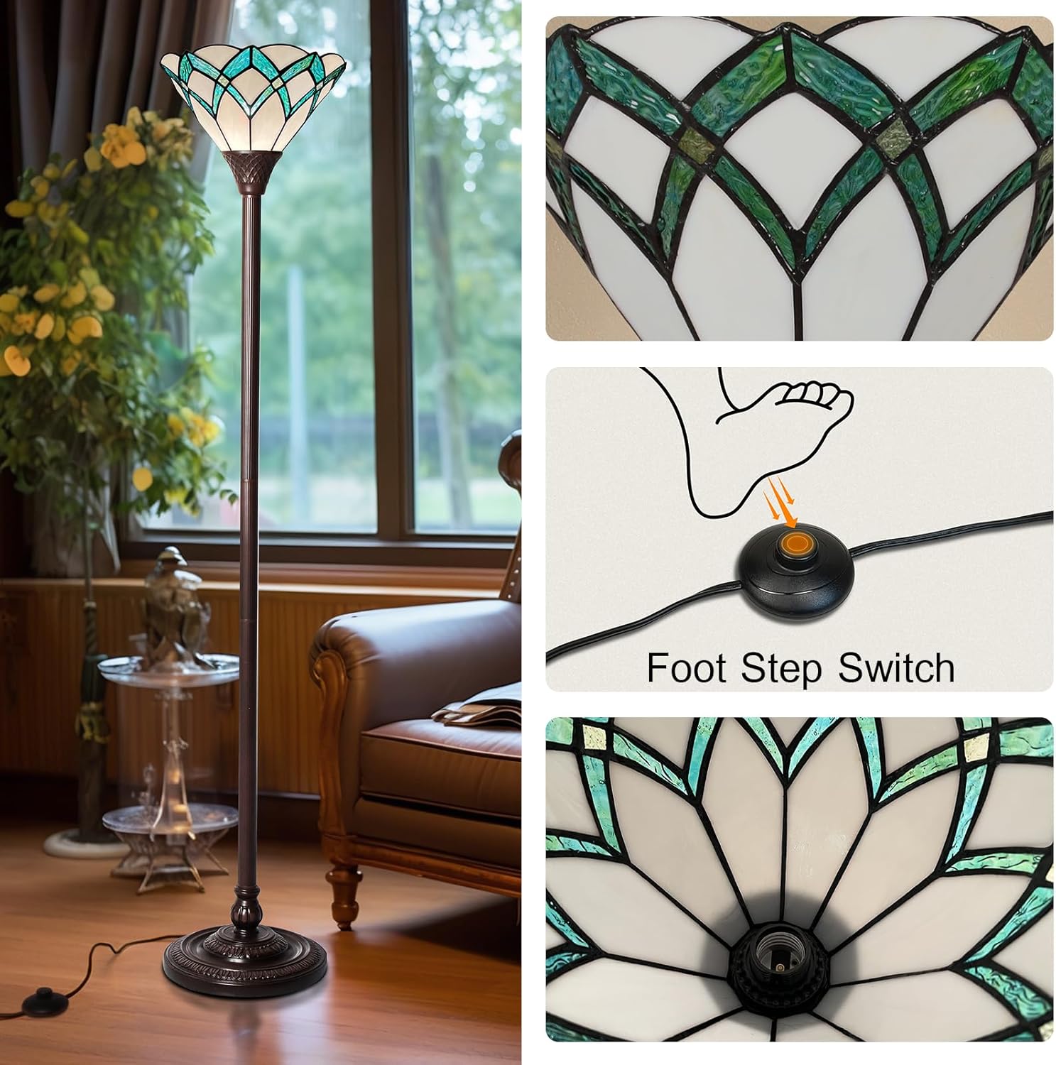 Capulina Tiffany Lamp Stained Glass Torchiere Floor Lamp 70 Inches Tall Dark Bronze Pole Green Romantic Tiffany Style Torch Standing Lamp for Living Room Bedroom Home Office