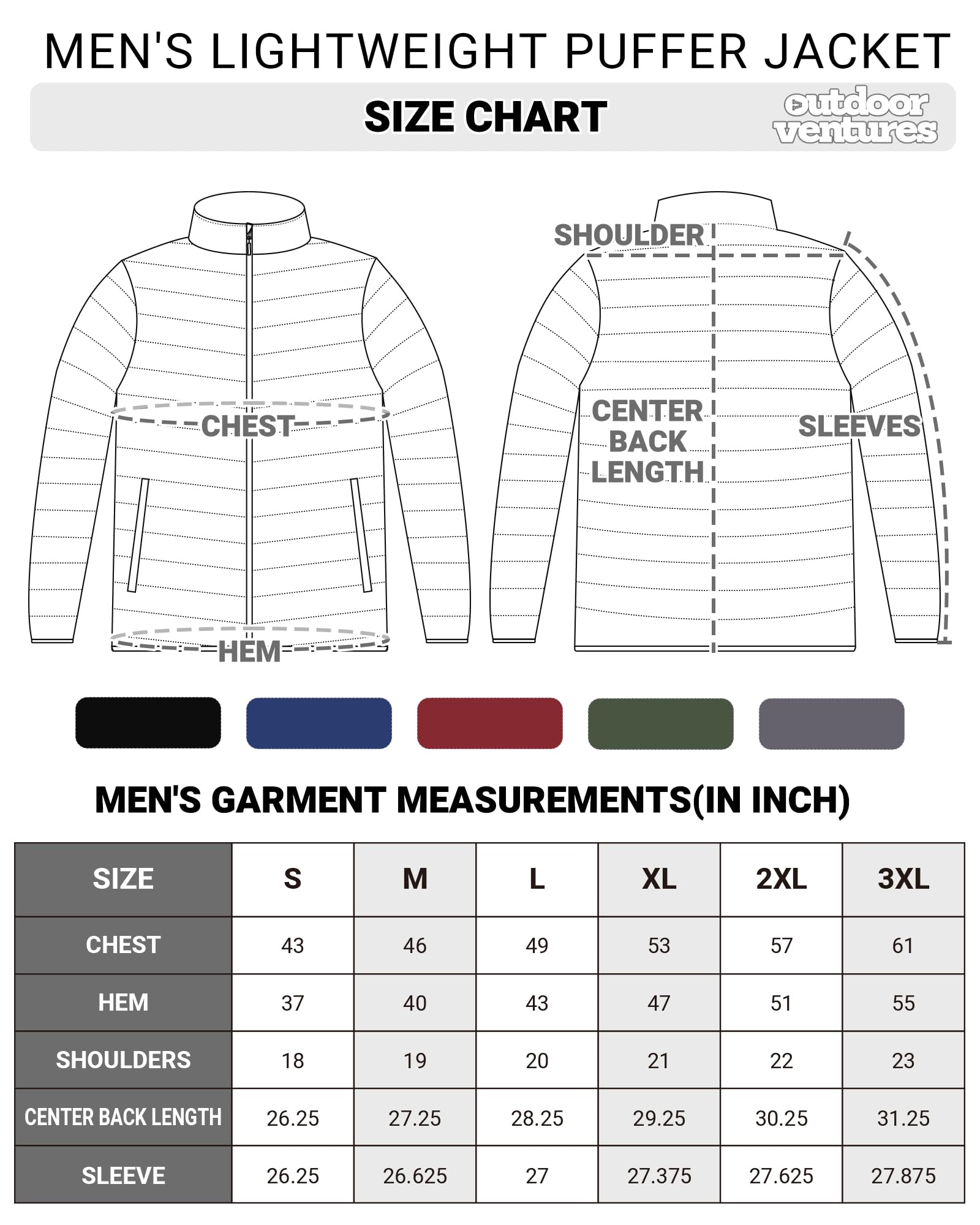 Outdoor Ventures Veste d'hiver matelassée légère et pliable pour homme, manteau bouffant isolé pour neige, ski, randonnée, voyage