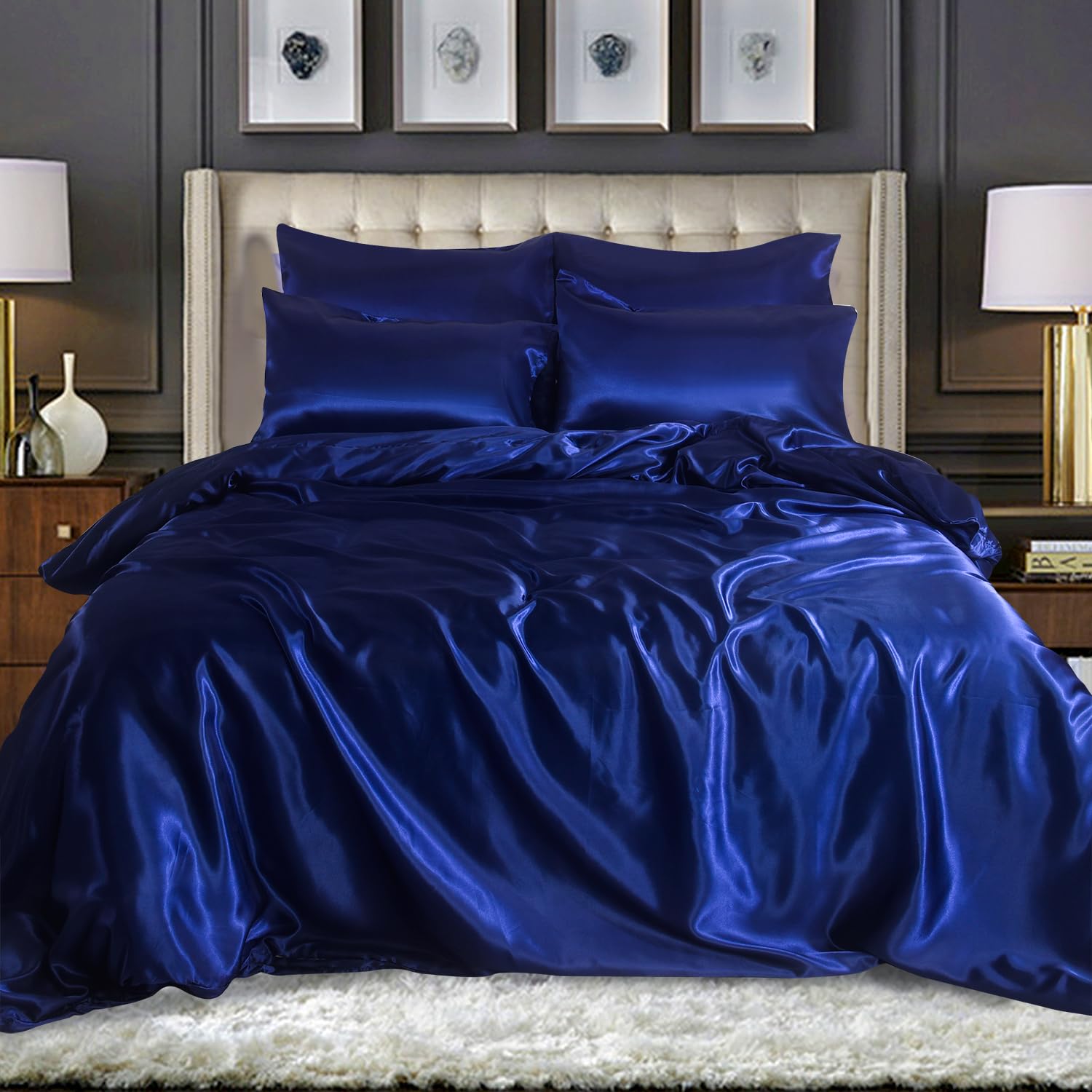 WEAVERS: Luxurious 6-Piece Silky Satin Bedding Set, Smooth & Glossy Finish, Includes Reversible Zipped Duvet Cover, 1 Fitted Sheet, and 4 Pillowcases. (Colour Navy Blue Size Double)