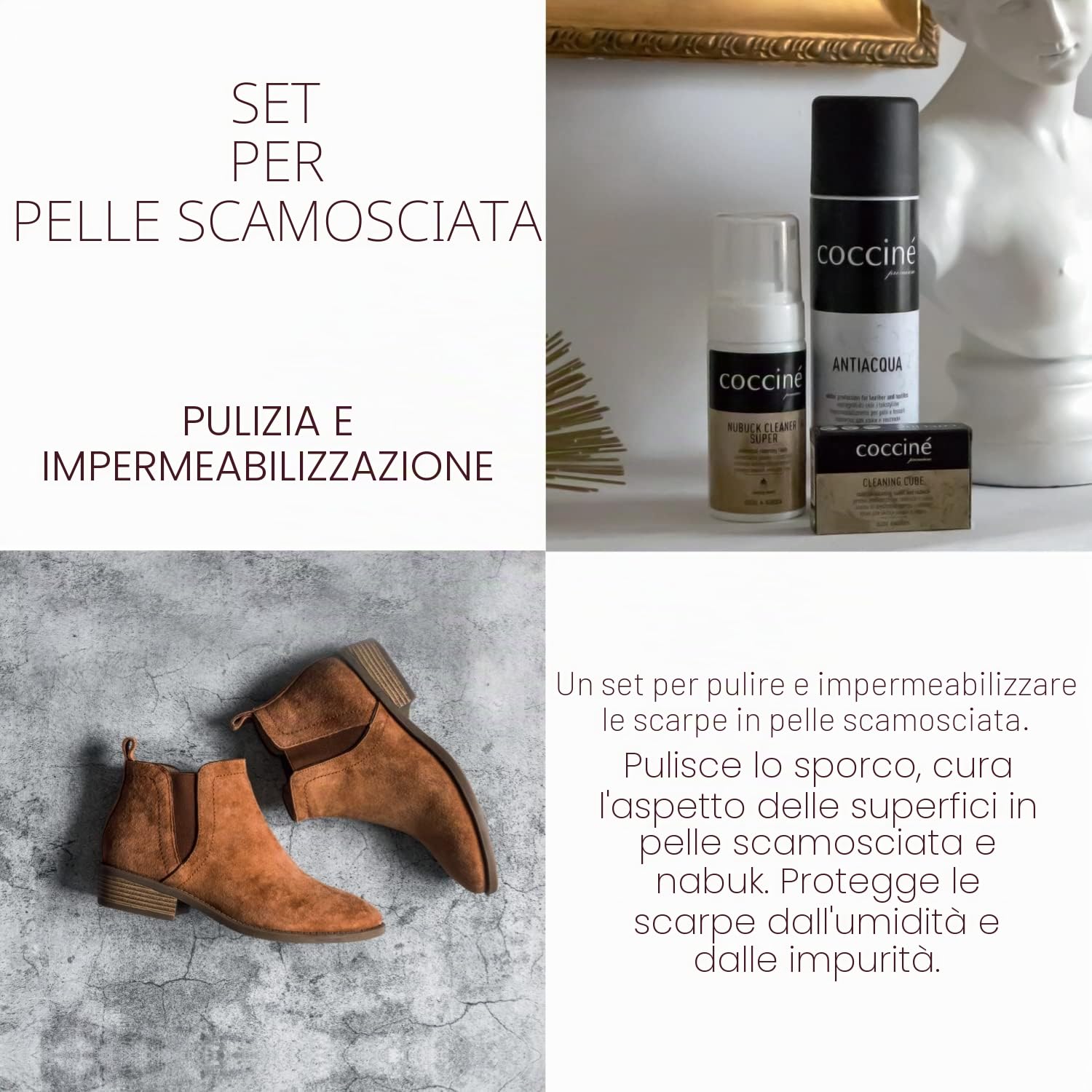 Cocciné - Kit Per Pelle Scamosciata e Nabuk, Spray Impermeabilizzante + Pulitore per Nabuk + Cubo per Pulire, Protettore per Scarpe in Pelle, Schiuma Detergente