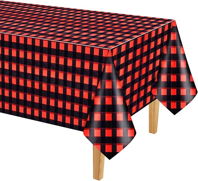 PLULON Red and Black Checkered Tablecloth Plastic Buffalo Plaid Table Cover Gingham Tablecloth Winter Christmas Table Cloth 137×274cm for Holiday Dinner Tabler Decorations Christmas Party Supplies