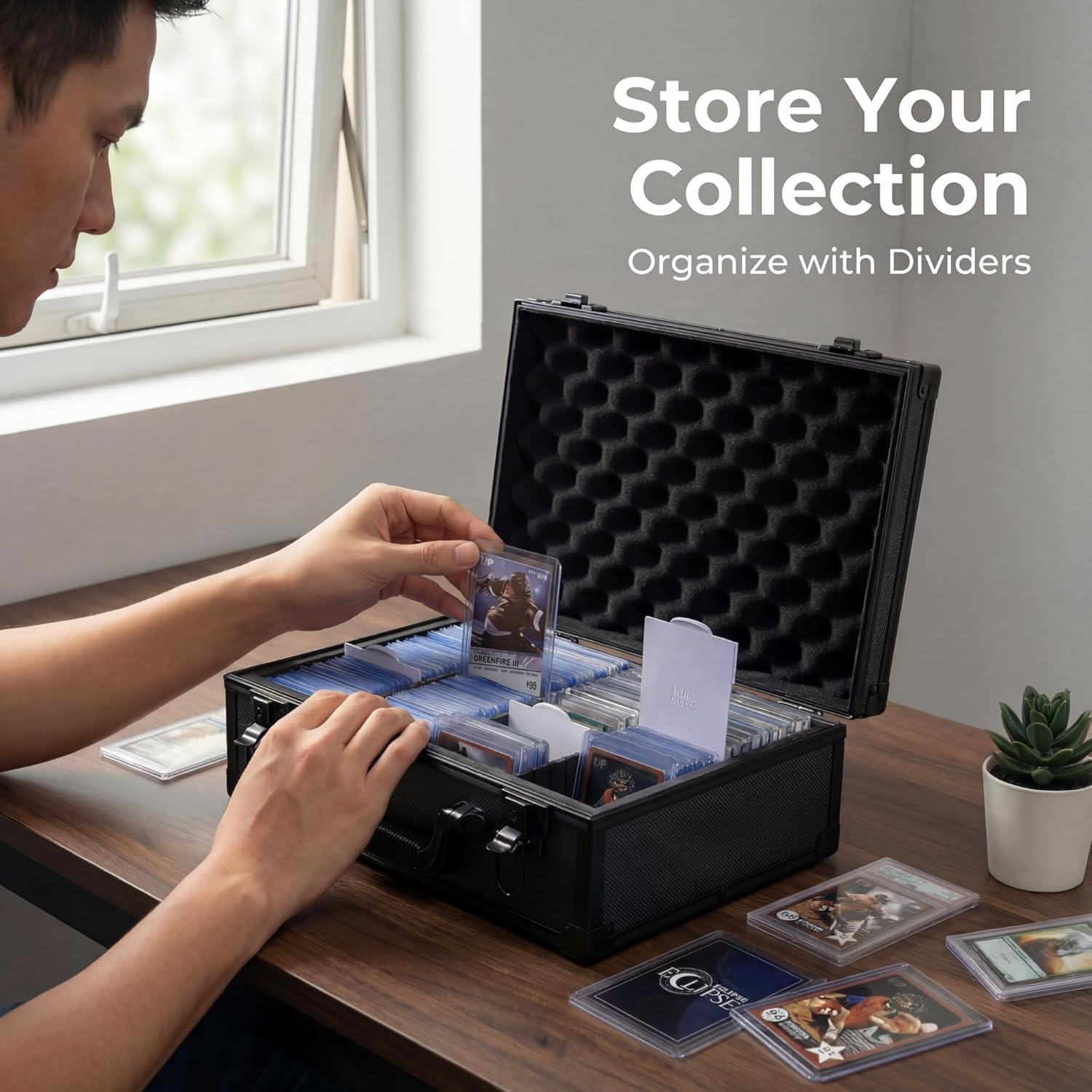 Premium Top loader Storage Box With Card Dividers For 3 X 4 Rigid Cards Holds 530+ 35pt Toploaders Trading Card Storage Box Suitable For TCG And Magnetic Card Holders, Black, K00SBa3