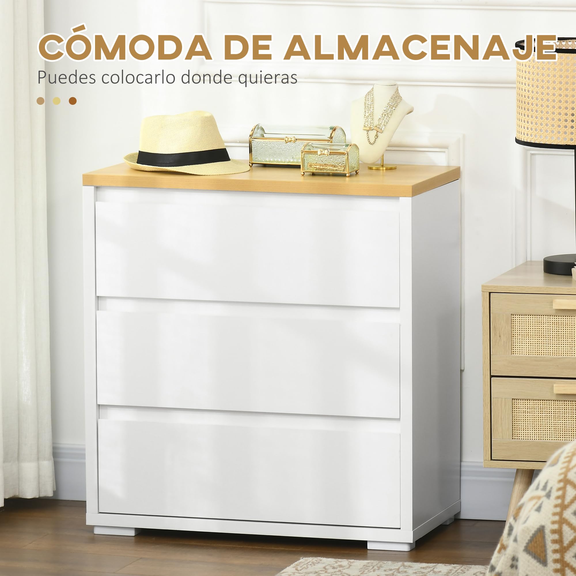 HOMCOM Cómoda 3 Cajones, Cómoda Dormitorio sin Tiradores, Cajonera para Salón, Oficina, Estilo Moderno, 70x37x75 cm, Blanco