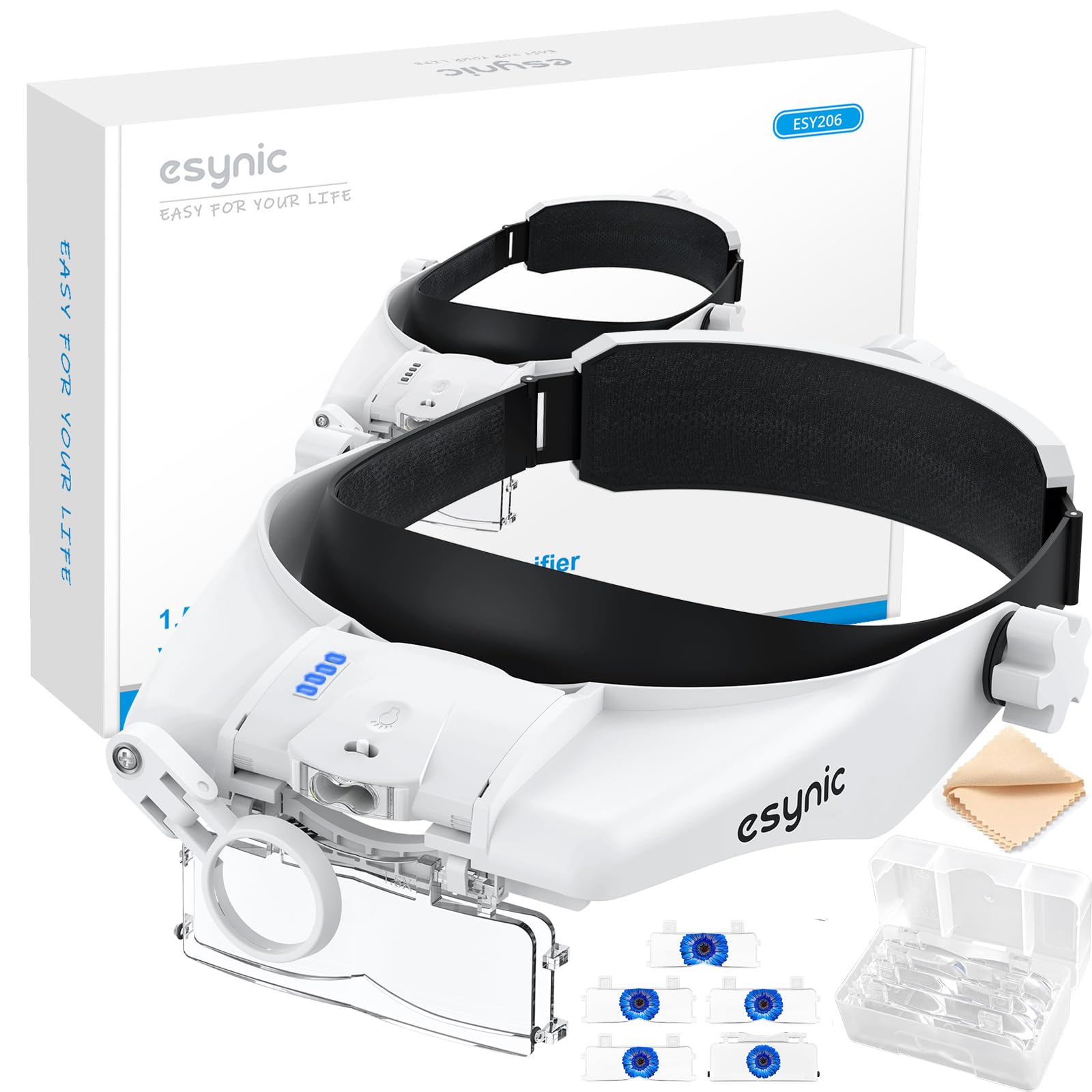 eSynic 1.5X-13X Head Magnifying Glass with LED Light Rechargeable Headband Magnifier Glasses Comfortable Wear Headmount |Touch Control |Battery Warning| 5 Lenses for Reading Crafts Hobbies Stitching