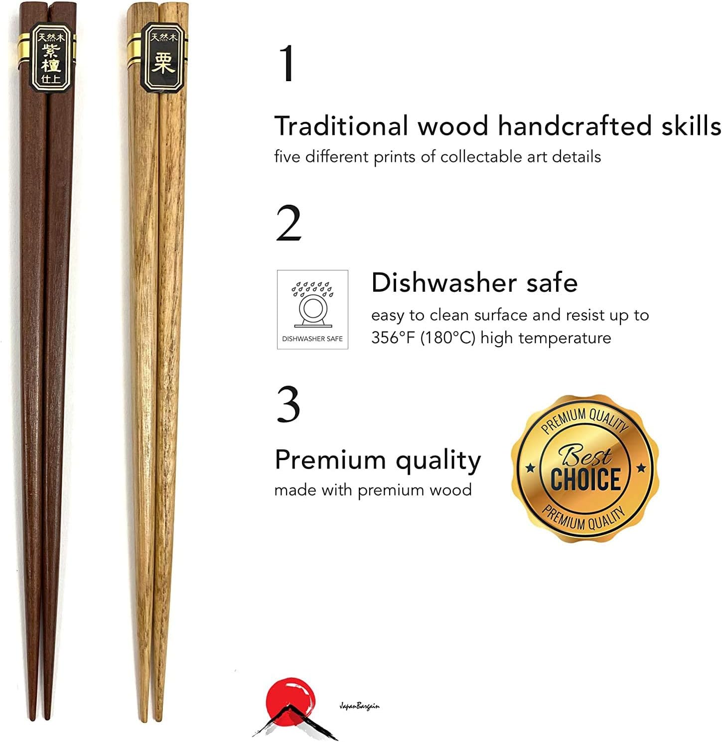 Bamboo Chopsticks Set, Japanese Reusable Wooden Chopsticks with Traditional Pattern Designs, Non Slip Tips Dishwasher Safe Asian Chopsticks for Sushi Ramen Noodles Rice Dining (10, Multicolor)