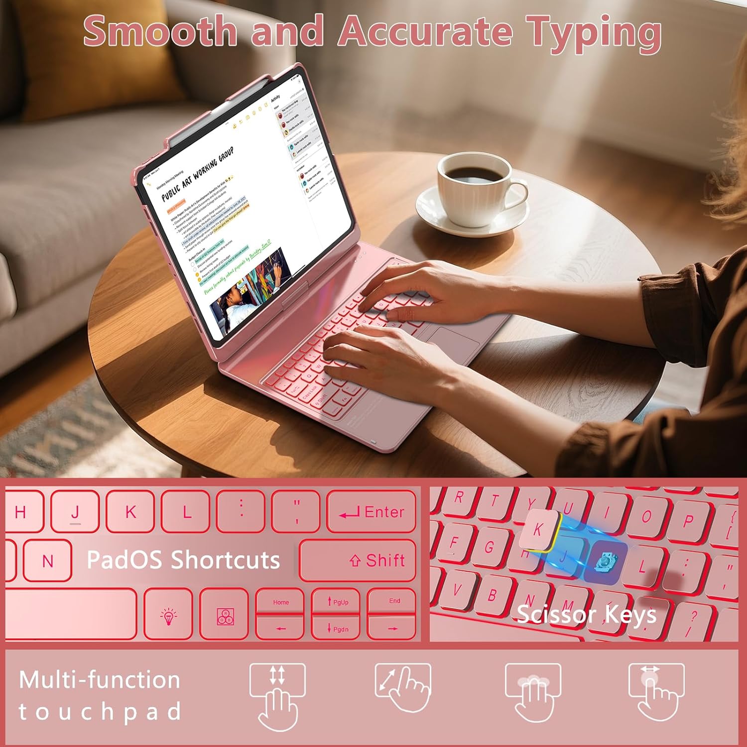 TQQ iPad Air 13 Inch Case Keyboard (M3 2025 / M2 2024), iPad Pro 12.9 (6th, 5th, 4th, 3rd Gen) Keyboard - 360° Rotatable, 7-Color Backlight, Multi-Touch Trackpad, Thin & Light (Pink)