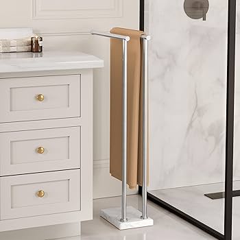 KES Standing Towel Rail With Marble Base, 2-Tier Towel Stand For Bathroom Floor, T-Shaped Towel Drying Rack Gold, SUS304 Stainless Steel, Brushed Brass Finish, BTH217-BZ