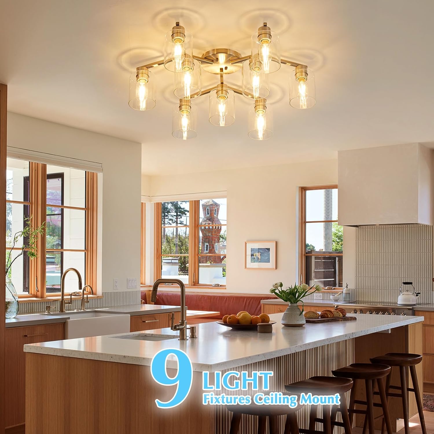 Brushed Nickel 9 Light Dining Room Ceiling Light Fixture Large Semi Flush Mount Ceiling Light Fixture Kitchen Lighting Fixtures Ceiling Light for Living Room with Clear Glass Shades