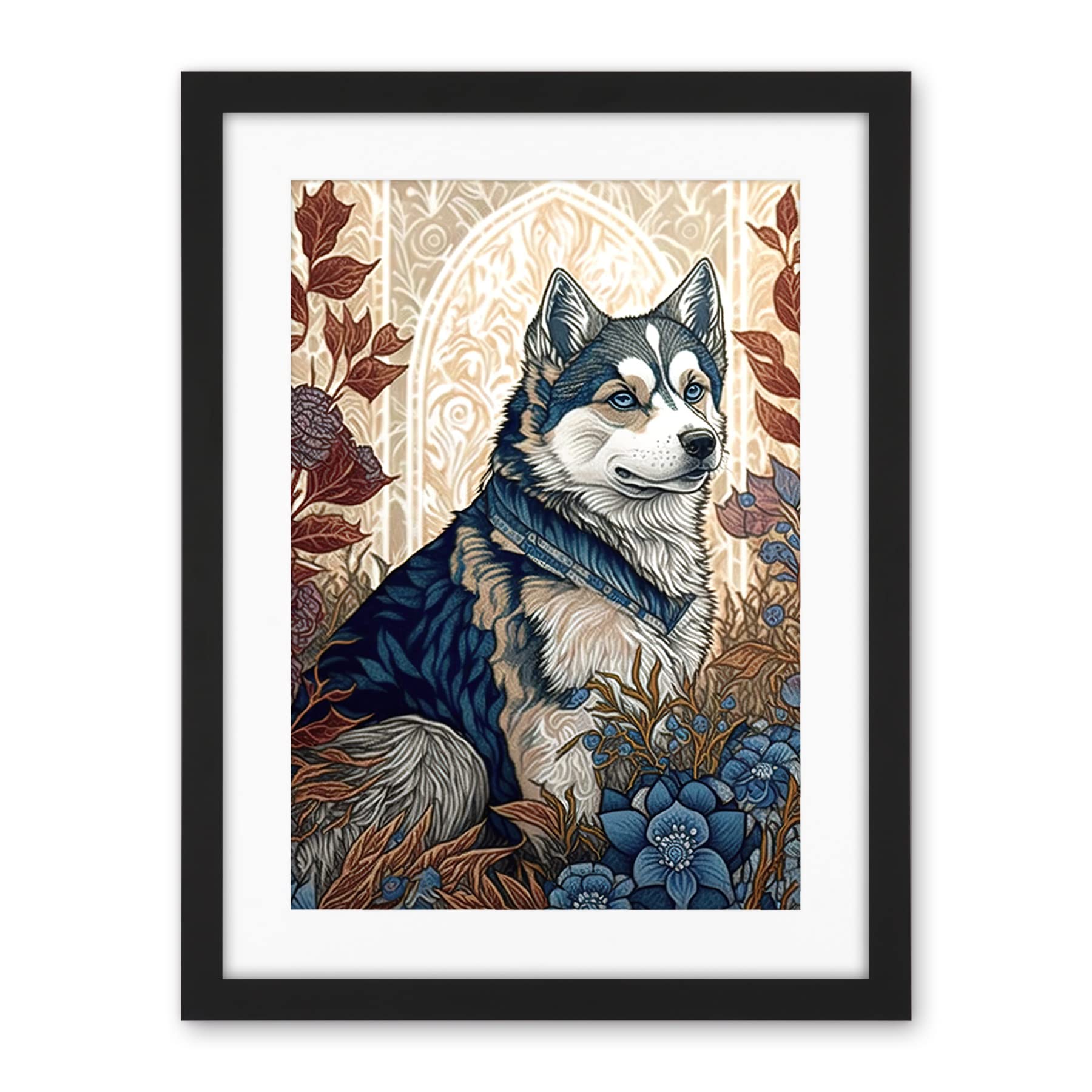 Artery8 Siberian Husky Dog in Autumn Flower Field Modern Art Nouveau Illustration Artwork Framed Wall Art Print 18X24 Inch