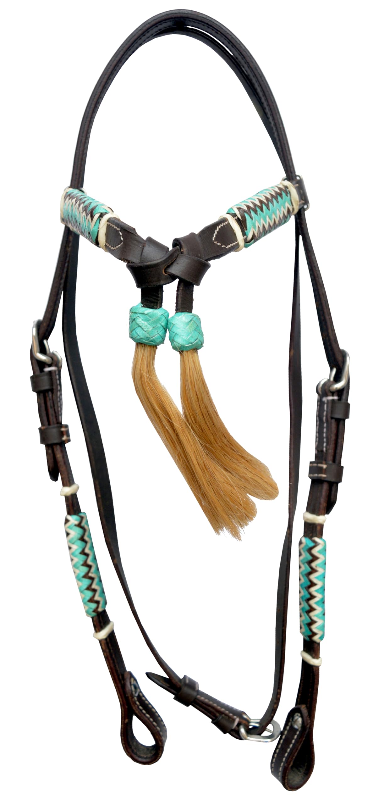 WeavingCraft Leather Western Headstall Bridle| Futurity Knot Browband| Colored Rawhide| Natural Hair Tassels (Black)