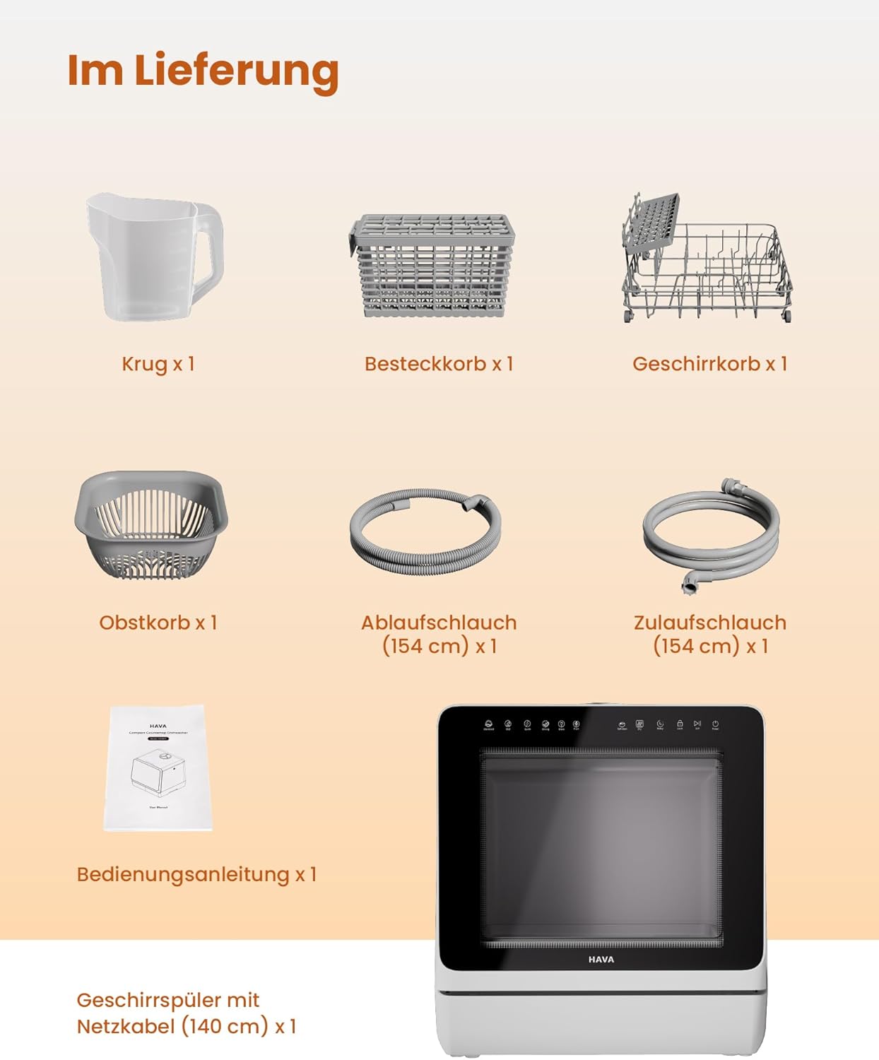 All included components of the HAVA Dishwasher 2025 laid out.