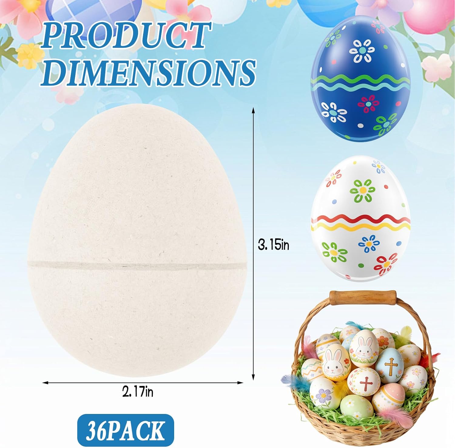 36 Pcs DIY Paper Mache Easter Eggs,3.2"x2.2"Durable Easter Eggs Empty,Cardboard Easter Eggs,Paint Your Own Paper Mache Eggs for Easter Party Gifts Basket Filler (White)