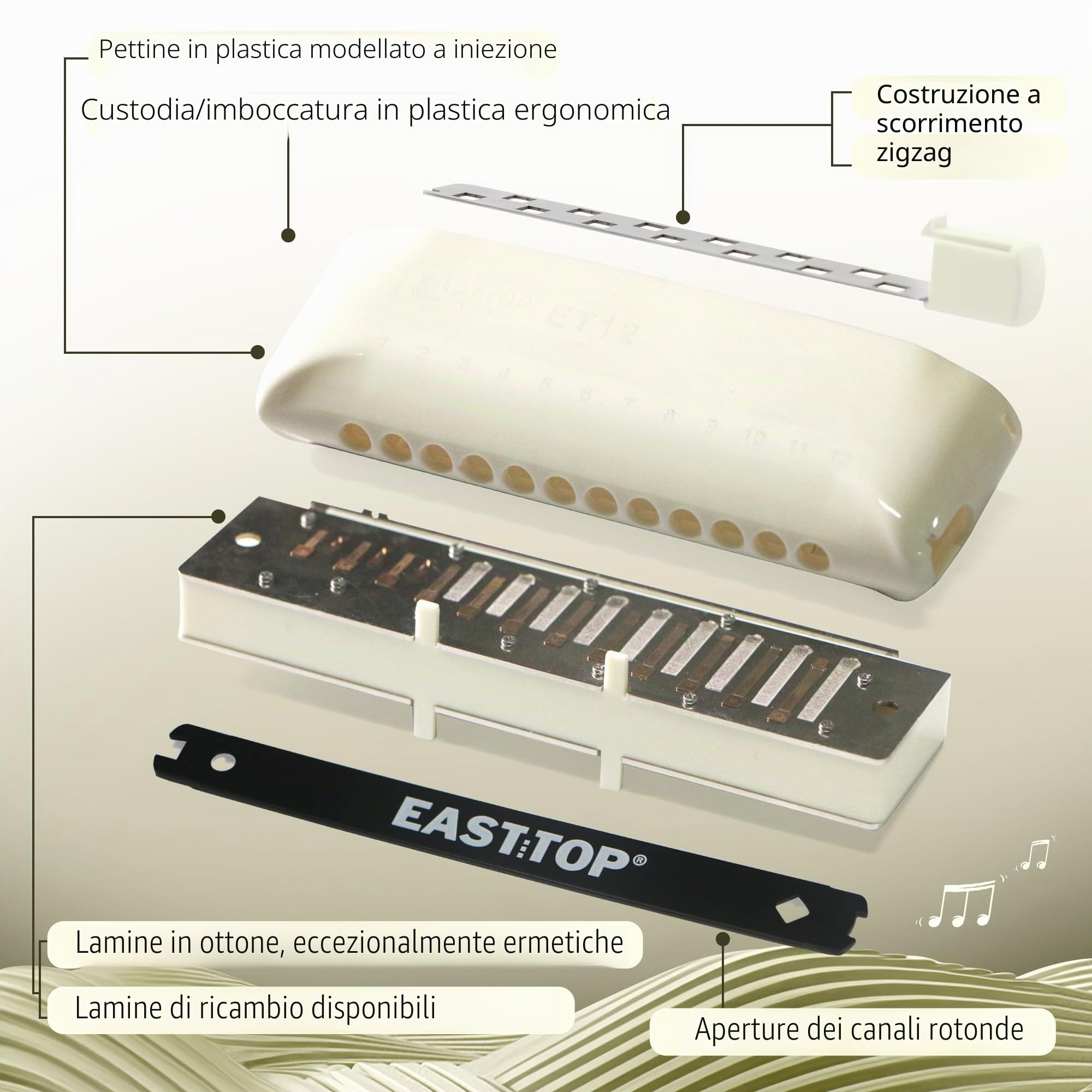 EAST TOP ET12 - Armonica cromatica in Sol, per adulti e professionisti, design moderno, colore: avorio