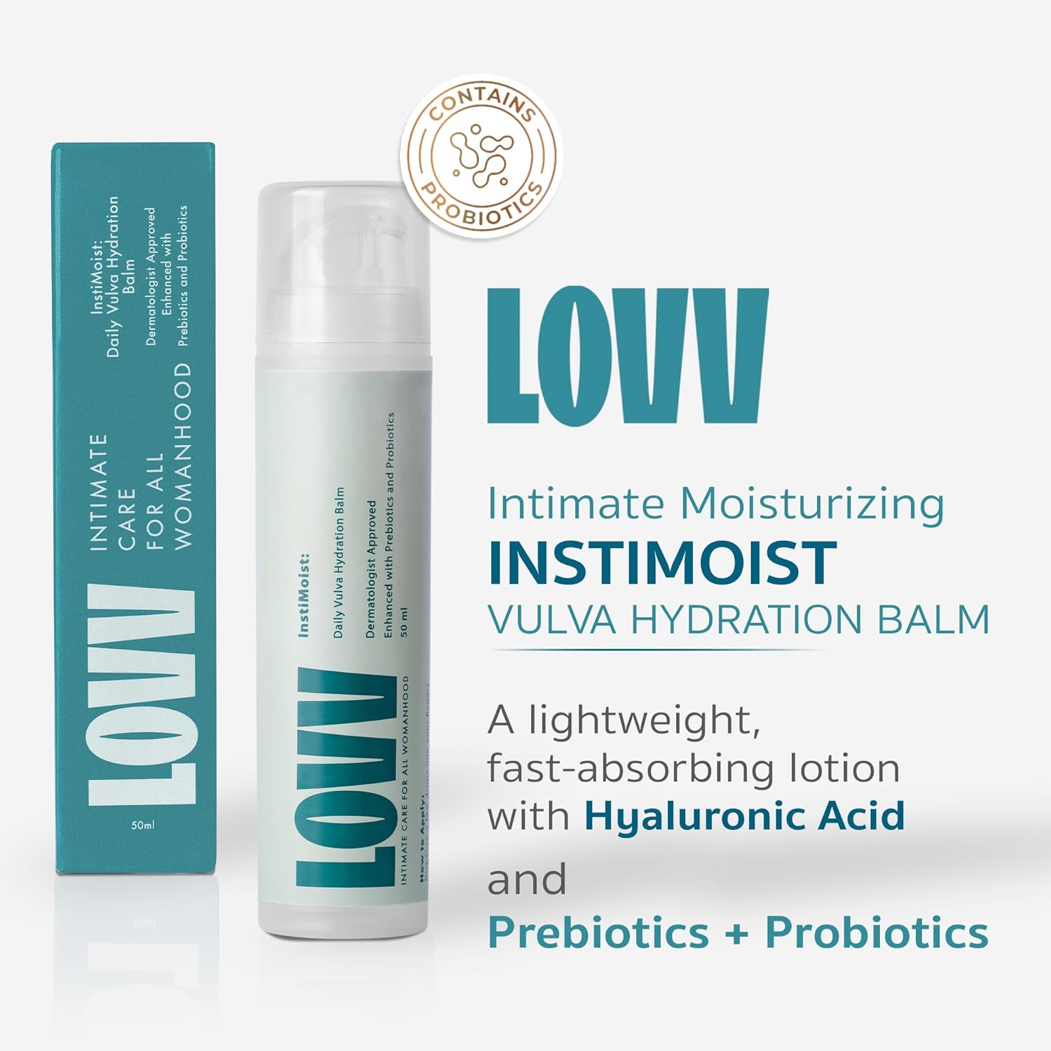 LOVV Instimoist Vulva |2 Oz| Moisturizer Lotion Fast Absorbing with Hyaluronic Acid Prebiotics and Probiotics for Daily Feminine Care Soothes Dryness and Restores Balance to Sensitive Intimate Skin