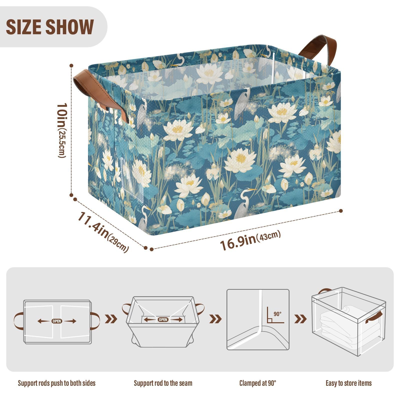 KLL Czaple i lilie wodne, duże pudełka do przechowywania, kosze z uchwytami, duży dekoracyjny organizer do organizowania regału, 2 sztuki, cajas de almacenamiento para closet