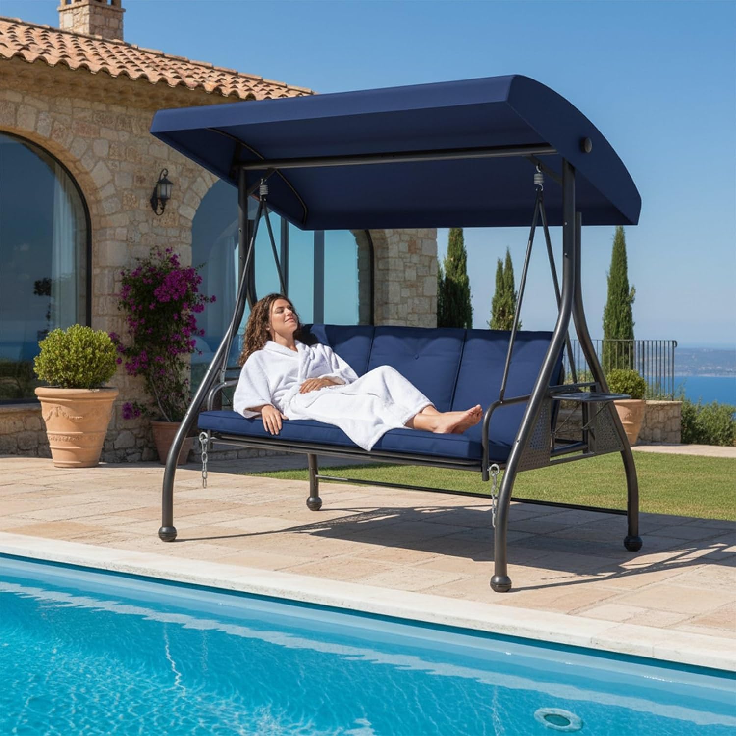 3-Seat Outdoor Porch Swing Glider with Adjustable Canopy, Convertible Patio Swings Bed with Upgraded Folding Cup Holders & Thicker Cushion for Backyard, Garden, Poolside - Blue