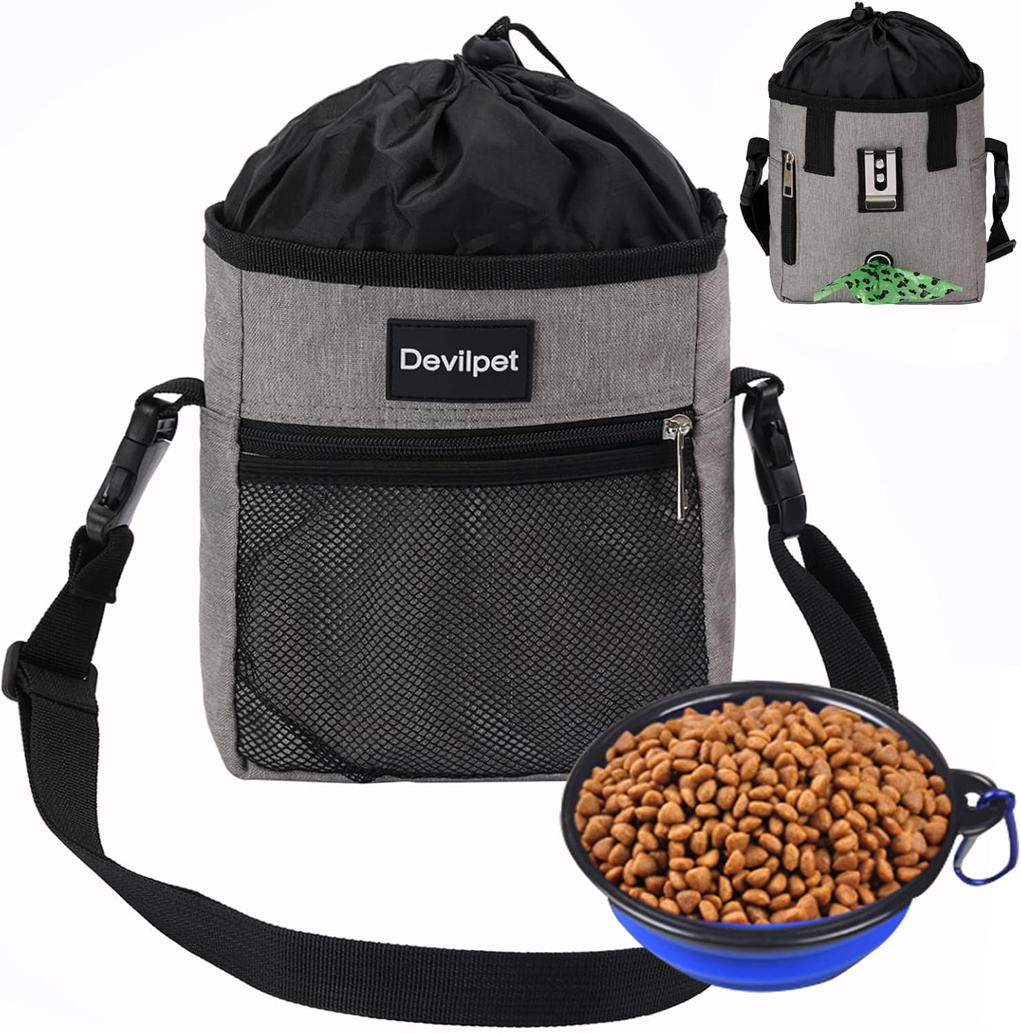 Devilpet Dog Treat Pouch Pet Training Bag with Poop Bag Dispenser and Bowl Treats Tote Carry Kibble Snacks Toys 3 Ways to Wear(Light Grey)