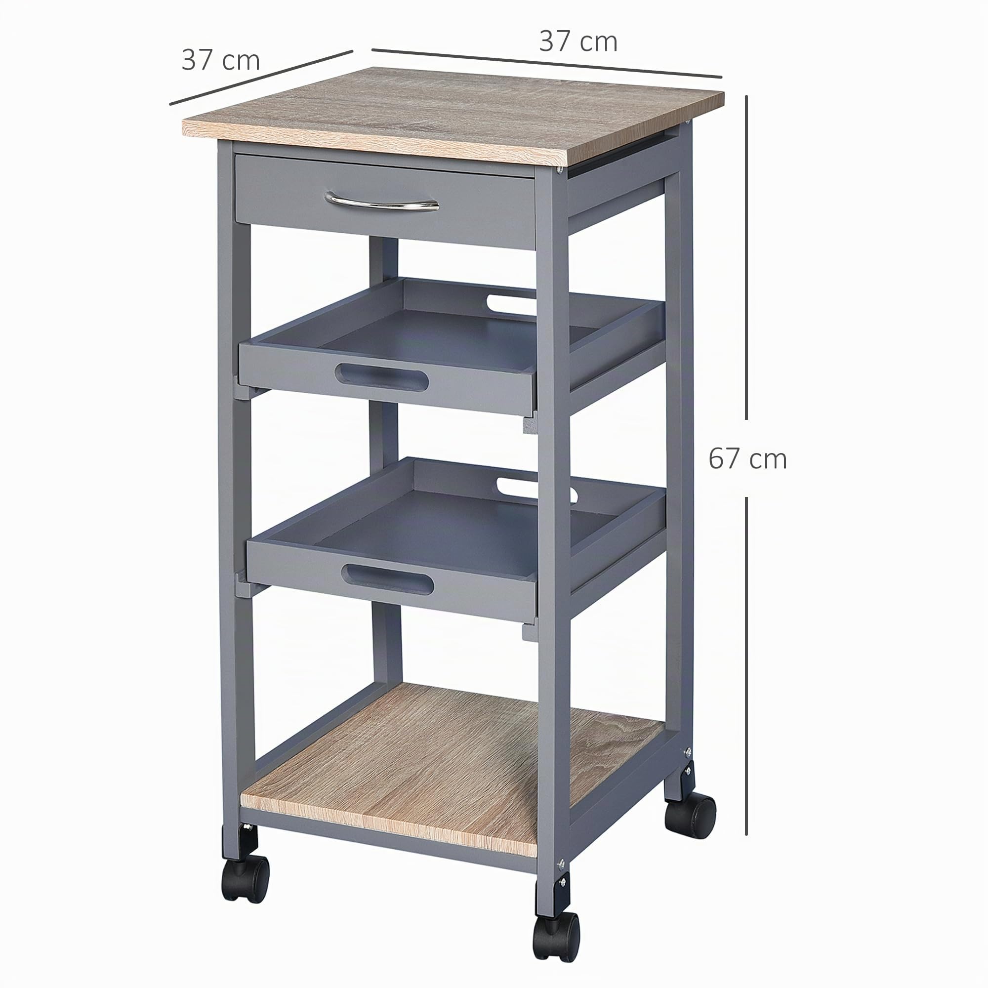 HOMCOM Servierwagen Küchenwagen mit Rollen 2 abnehmbare Tabletts, Schublade, Regal helle Eiche Holz Kiefer grau