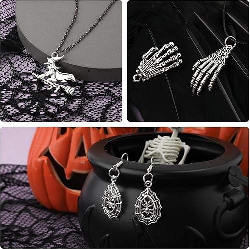 Miniatura 6 de BOXOB 80 dijes de Halloween, colgantes de plata antigua, decoración de Halloween, fantasma, murciélago, calabaza, brujas, dijes de Halloween para