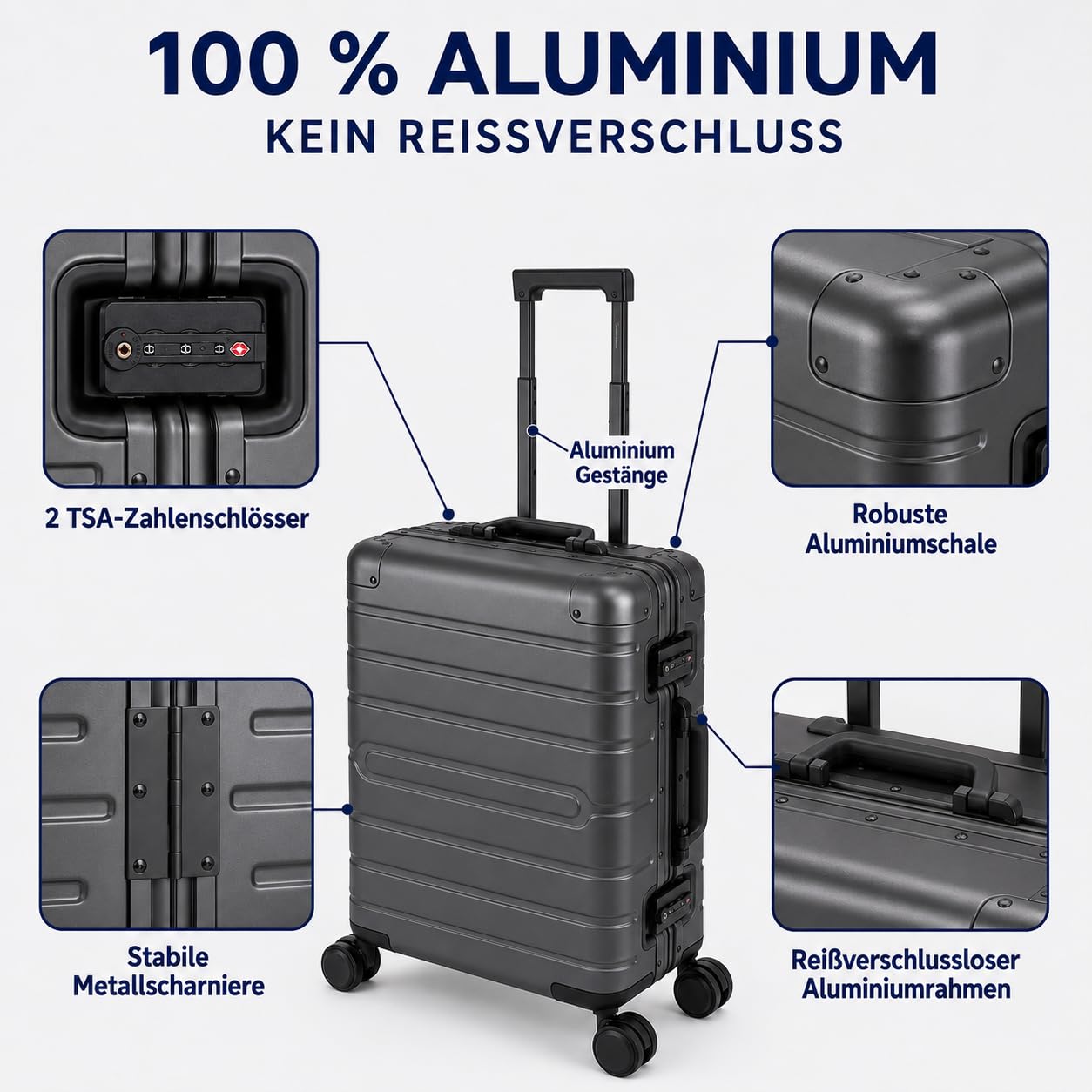 Travelhouse Oslo T6005 walizka podróżna z aluminium w różnych rozmiarach i kolorach, kolor grafitowo-szary, zestaw do ręcznej walizki i walizki średniej, zestaw waliz