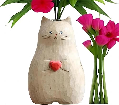Miniatura 2 de Febohao Jarrón de flores de estatua de gato, decoración de madera maciza hecha a mano, moderno y minimalista, florero de corazón, alto para el