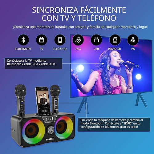 Miniatura 2 de Máquina de karaoke para adultos y niños con 2 micrófonos inalámbricos UHF, altavoz Bluetooth portátil sistema de altavoces PA con luces LED de