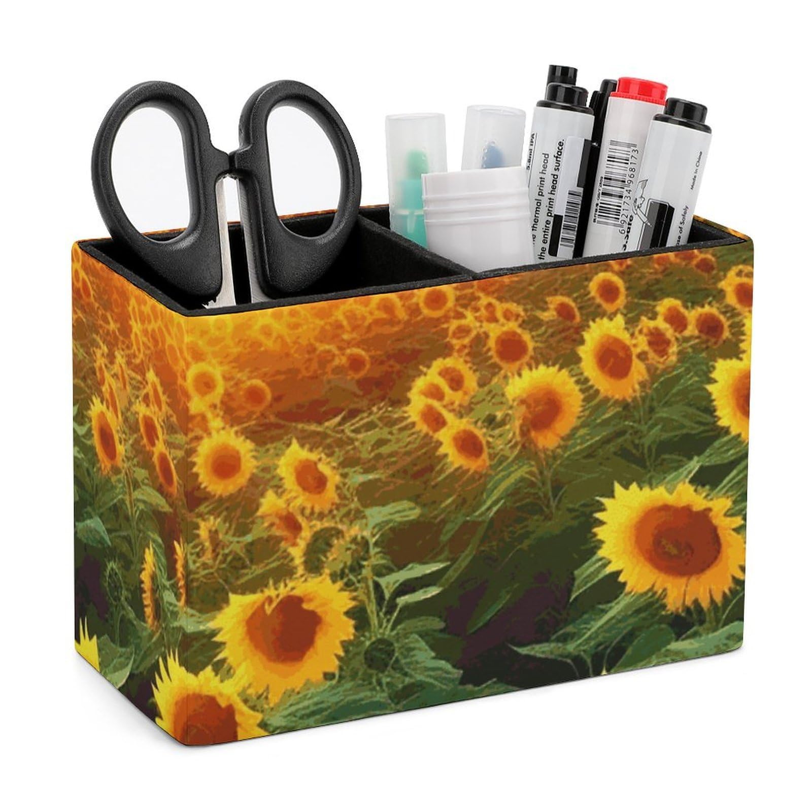 JTREHY Dreamlike Sunset Of A Sunflower Field Pencil Holder Exquisite Fashion Leather Pen Receptacle Soft High-End Pen Container for Office Home Accessories Or Housewarming Present