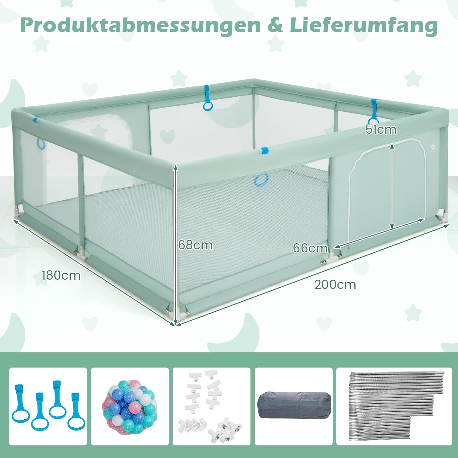 GOPLUS Kojec dla niemowląt 200 x 180 cm, kojec z materacem, 4 pierścienie pod ręce i 50 piłek do zabawy, kratka do raczkowania z oddychającą siatką, drzwi i zamek błyskawiczny dla niemowląt i małych