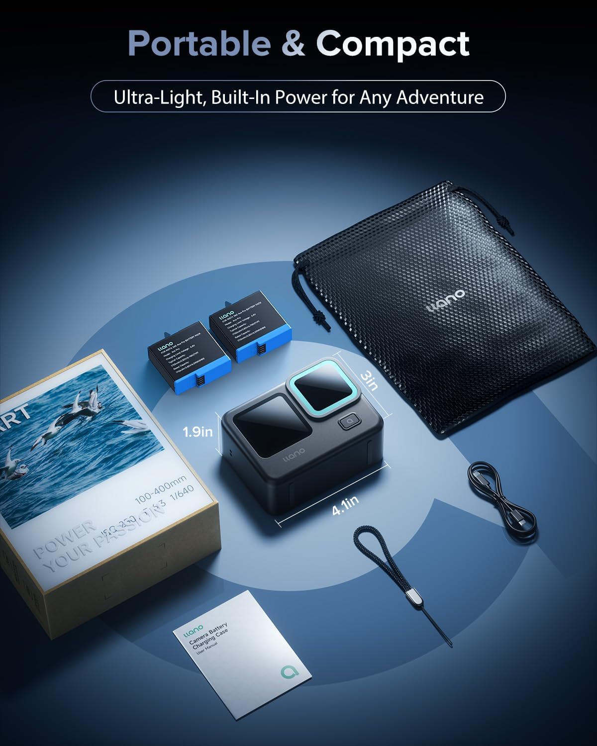 llano 2-Pack Ace Pro 2 Batteries and 3-in-1 Fast Charger Set for Insta360 Ace Pro 2/Ace Pro/Ace Action Cameras, PD 30W, 12800mAh Built-in Battery, Store 2 MicroSD Cards, Real-Time Digital Display
