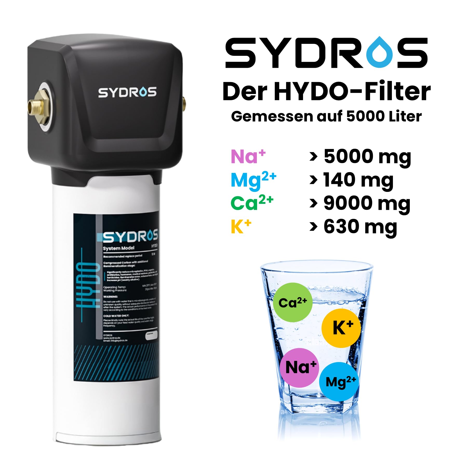 Sydros Hydo Wasserfilter – filtert über 500 Schadstoffe inkl Mikroplastik, Chlor & PFAS + Re Mineralisierung für reines & gesundes Trinkwasser, 3-Stufen Filter