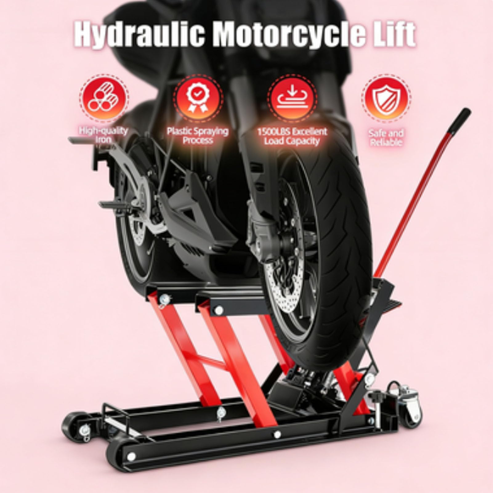 Cric Idraulico, Cric a Forbice con capacità di 1500 LBS, con 4 Ruote, Piattaforma Antiscivolo, Supporto di Sollevamento a Pedale, per Moto ATV UTV