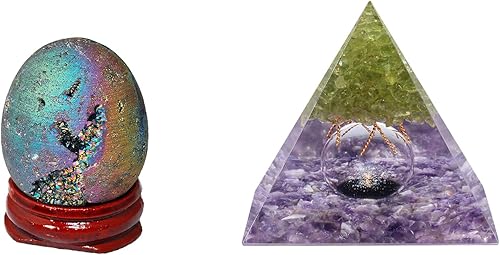 mookaitedecor Bundle - 2 Artículos: Estatuillas de huevo de cristal recubiertas de titanio arcoíris con soporte de madera y peridoto árbol de la