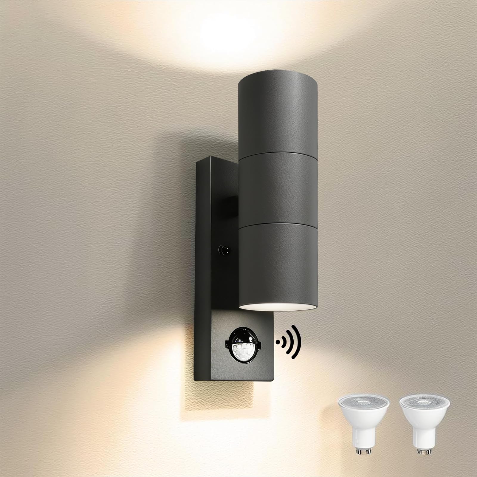 JNR Edelstahl LED Außenlampe mit Verstellbar PIR Bewegungsmelder Dämmerungsschalter, IP54 Wasserdichte Up Down 230V Aussenlampe inkl.2x5W GU10 3000K Warmweiß Glühbirne Wandleuchte, Anthrazit Grau