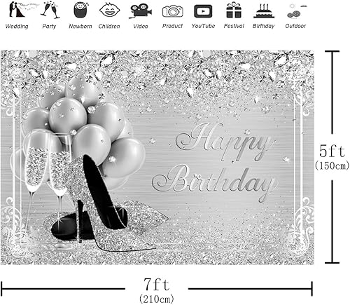 Miniatura 3 de Aperturee Telón de fondo plateado de 7 x 5 pies, diamantes con brillantina, globos de tacón alto, cristal champán, niñas y mujeres, dulces 16, fondo