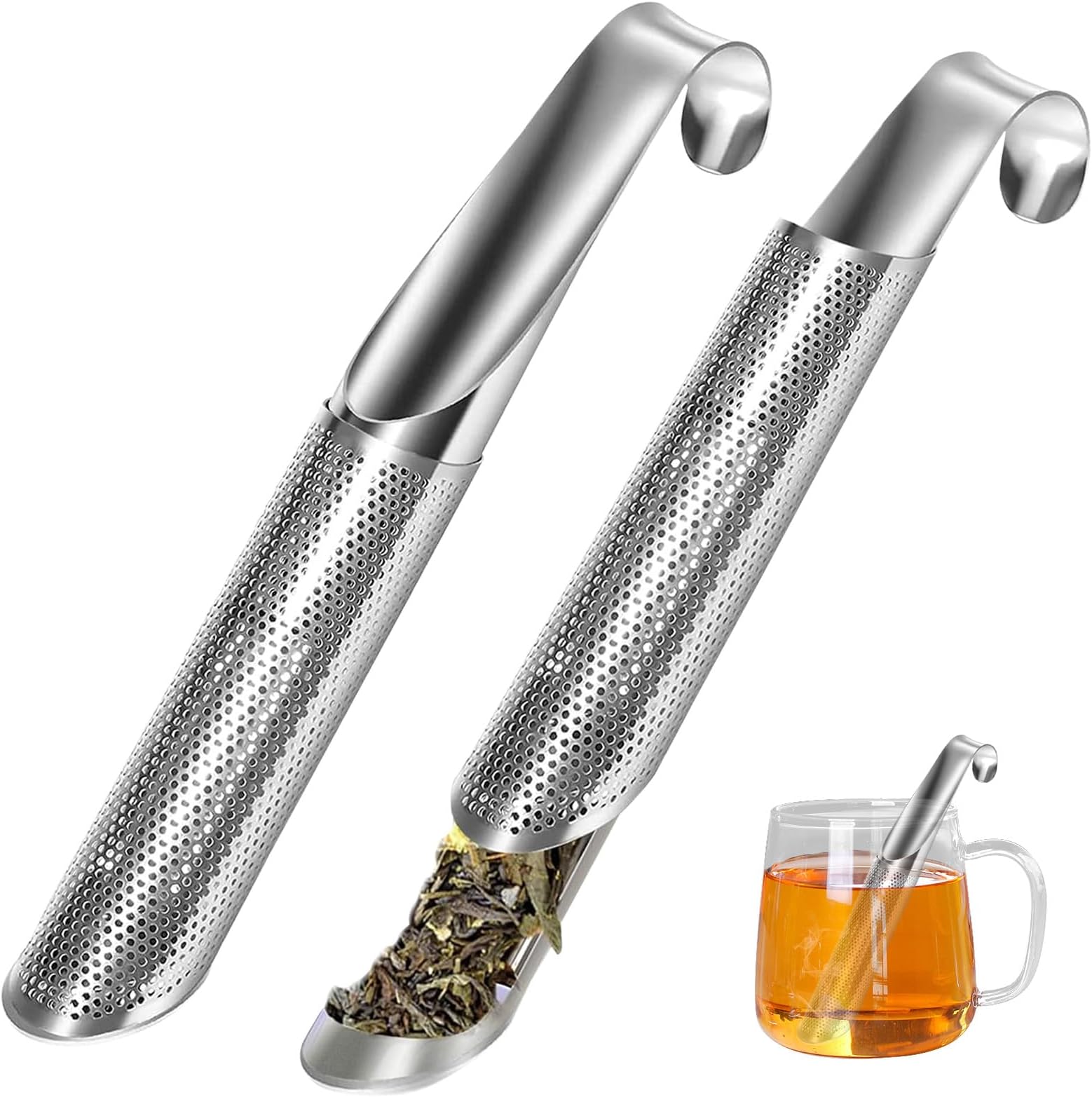 2 Pcs Tea Infuser, Stainless Steel Tea Infuser Stick Pipe Tea Infuser for Loose Tea Leaf, Tea Infusers Pen with Hook