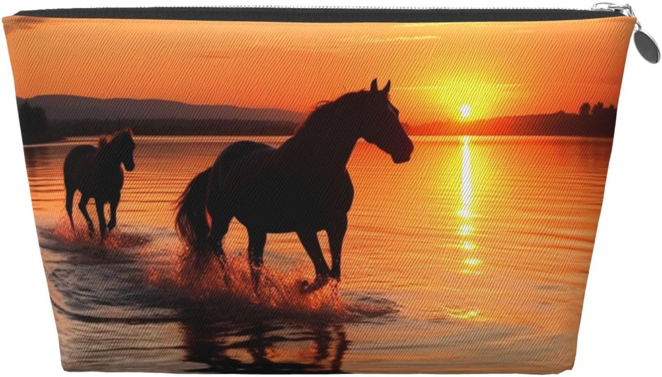 Leather Makeup Bag for Women Travel Cosmetic Bags with Zipper Pouch Sunsets Lake Horses Toiletry Bag Makeup Organizer Case, Wide-open Pouch Purse - Mom Gifts for Birthday & Christmas