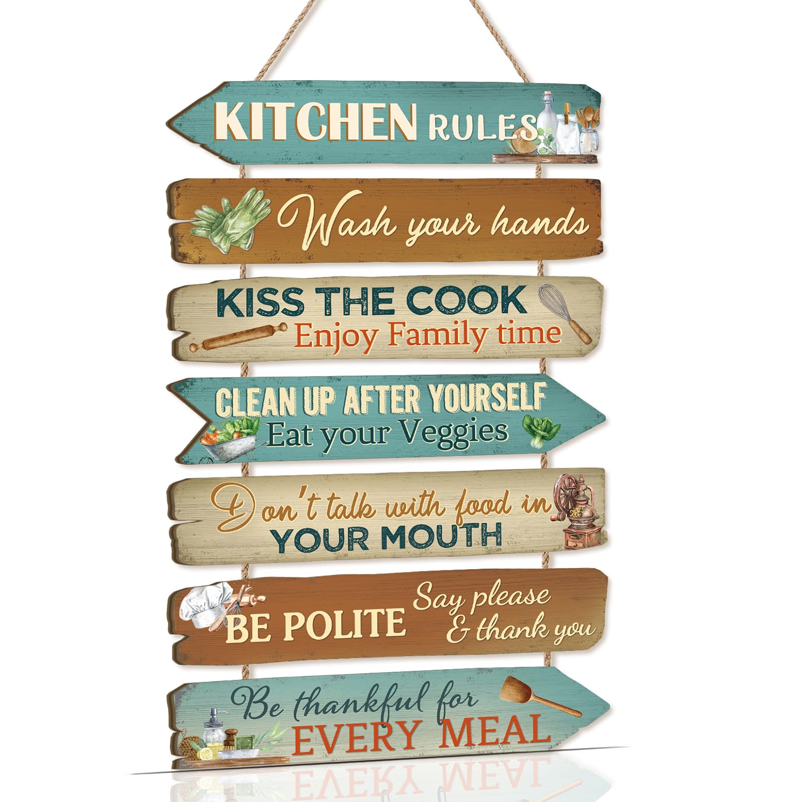 ANHUIB Kitchen Sign Kitchen Rules Wall Decor Farmhouse Rustic Wall Art Wash Your Hands Hanging Plaque Rustic Funny Quotes Hanging Sign for Home Be Thankful for Every Mmeal Wall Decor for Dining Room — image 1