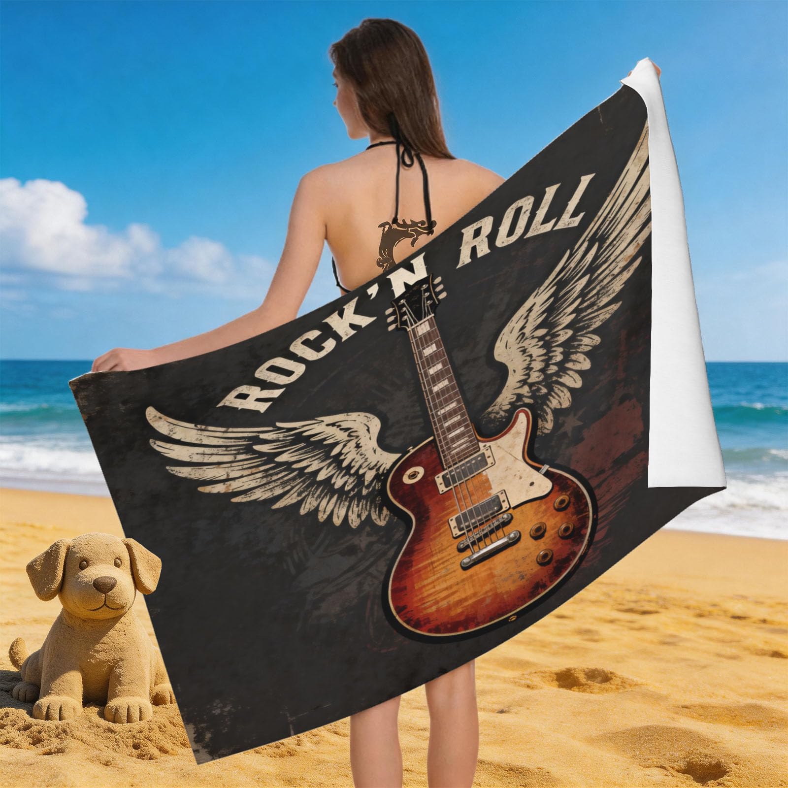 Leichong 3D Rock Guitar Beach Towel Large Microfiber Soft Quick Dry for Adults, Music Theme Bath Towel Lightweight Soft Absorbent for Travel Swimming Pool Sports, 80 x 160 cm