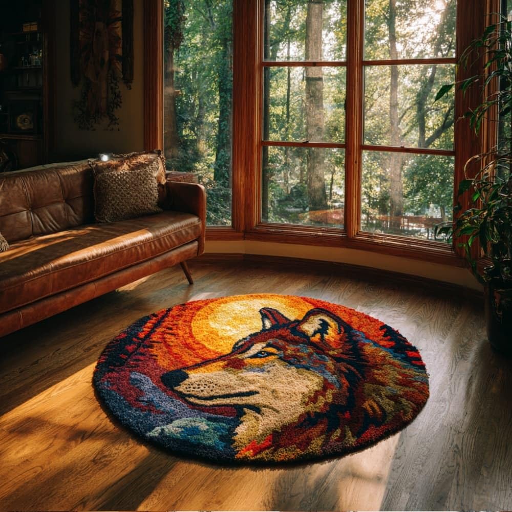 kitphoenix Round DIY Latch Hook Rug Kits Forest Wolf 20X20Inch (50X50Cm) Easy for Beginners Round Carpet Crochet Yarn Craft Large Rug Hook and Latch Tapestry for Home Decor