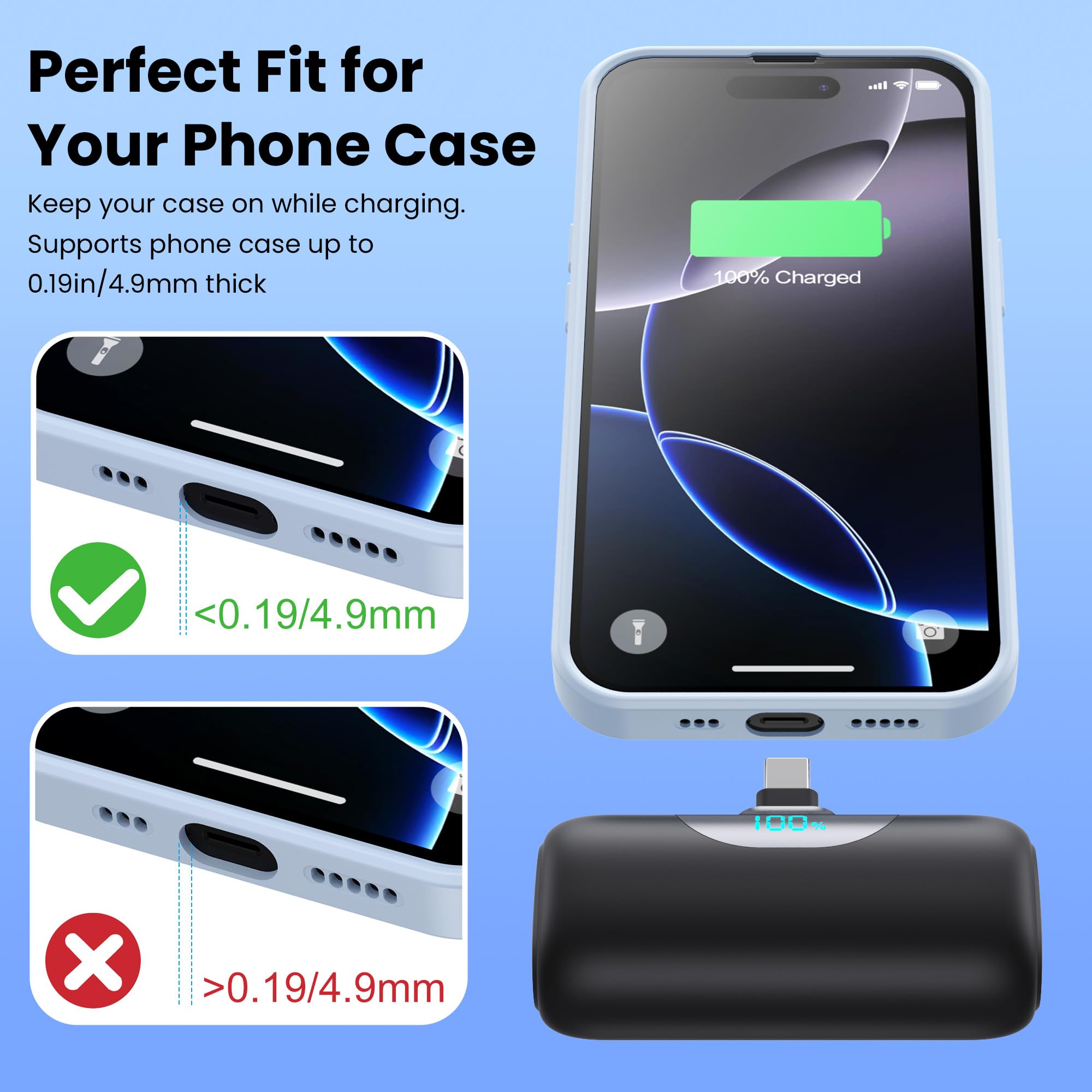 [2 confezioni] Mini caricabatterie portatile per iPhone 17/16,5500 mAh, display LCD USB C, ricarica rapida del telefono da viaggio, batteria tascabile per iPhone 17/17 Pro Max/Air/16/15, Android (nero