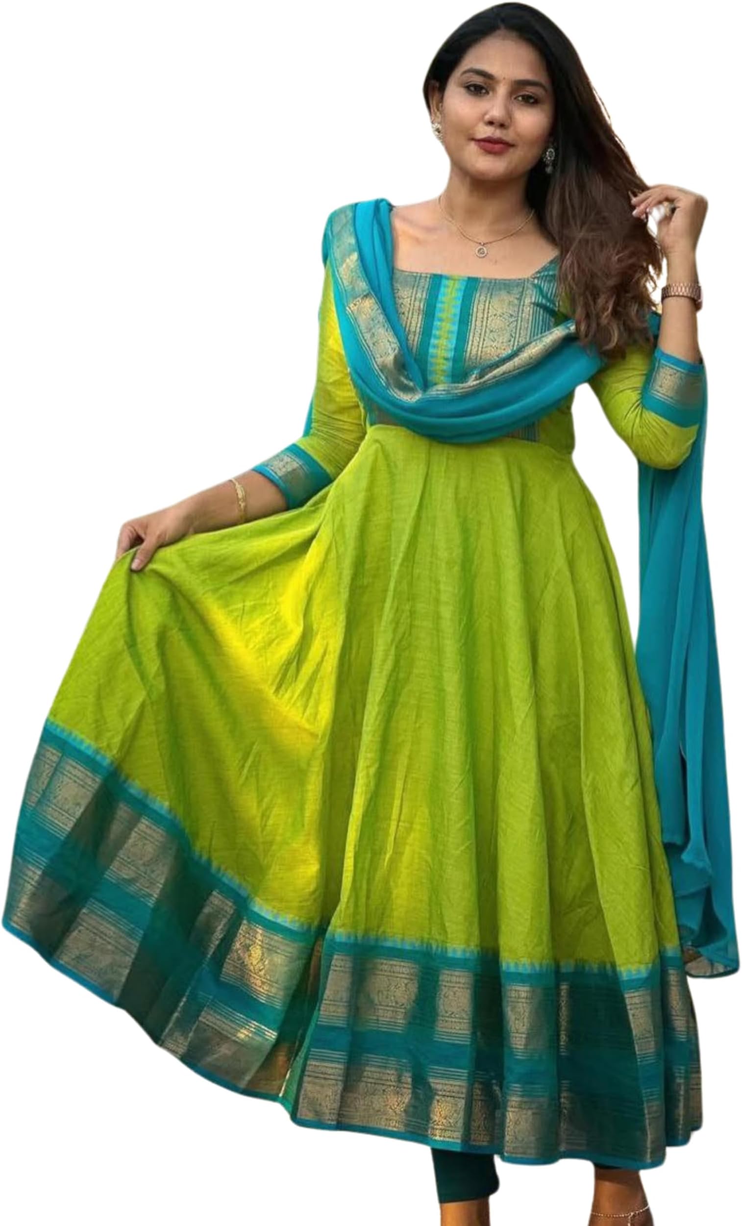 Elegant Zari Jacquard Weaving Gown with Lace Border Dupatta โ Traditional Indian Ethnic Wear for Weddings, Festivals, and Special Occasions