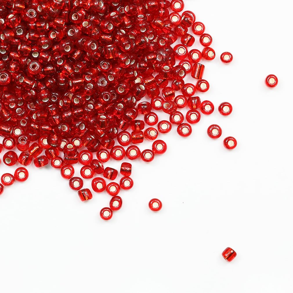 Tibaoffy Transparent Red with Silver Lined Beads Size 6/0 Crafts Glass Seed Beads 4mm for Jewelry Making (Total About 100g About 1200pcs)