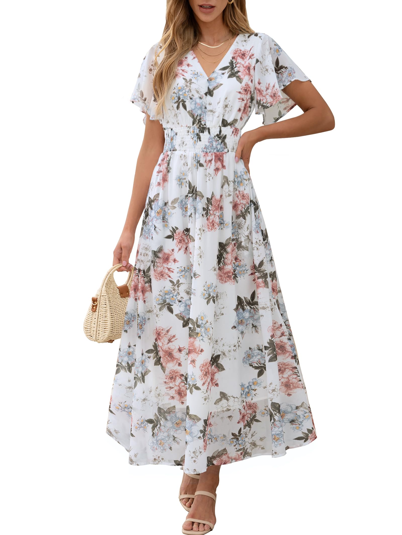 ANRABESS Womens Summer Floral Maxi Dress Casual V Neck Short Sleeve Chiffon Boho Flowy Beach 2025 Wedding Guest Long Dresses