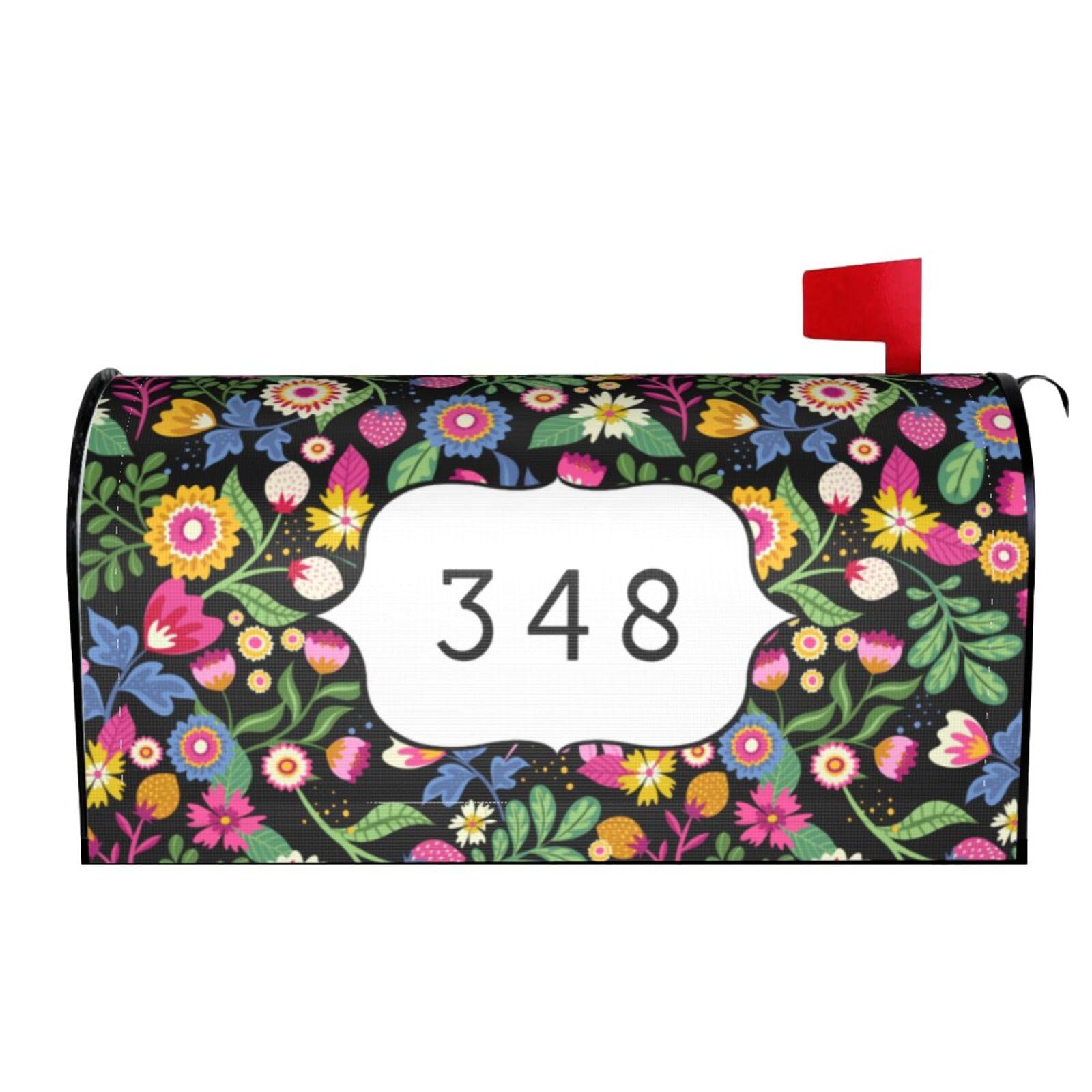 Chic Rainbow Flowers Personalized House Number Magnets Mailbox Covers, Custom Colorful Floral Address Post Letter Box Decor Wraps for Housewarming Gifts Backyard Large Size Waterproof