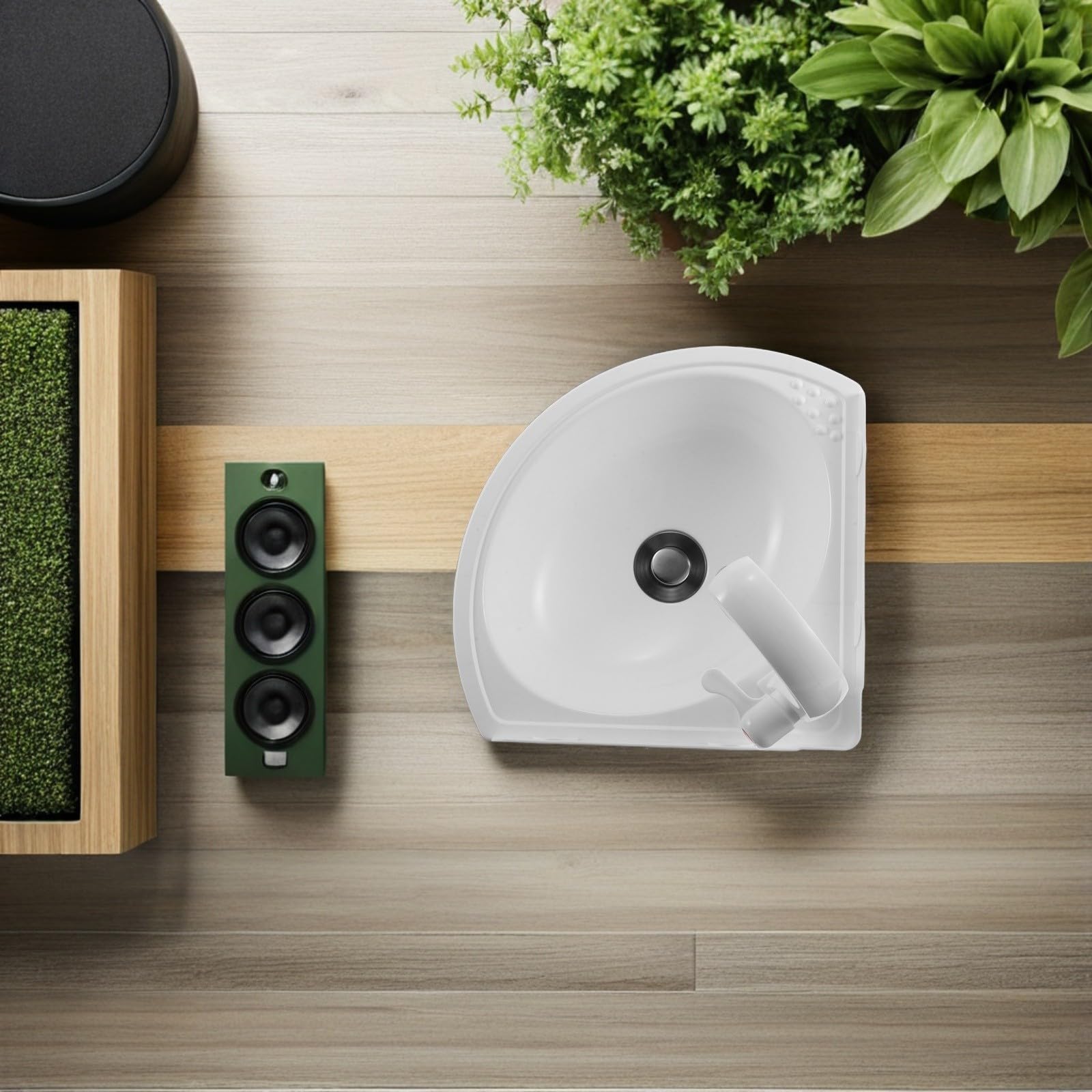 OUNONA Lavabo de Esquina Pequeño de Plástico Blanco, Fácil de Limpiar y Mantenimiento, Diseño Semicircular Moderno para Baños y Porches Pequeños